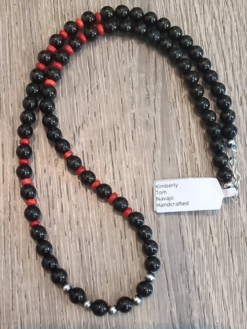Navajo Handmade Black Onyx Apple Coral Sterling Silver Necklace